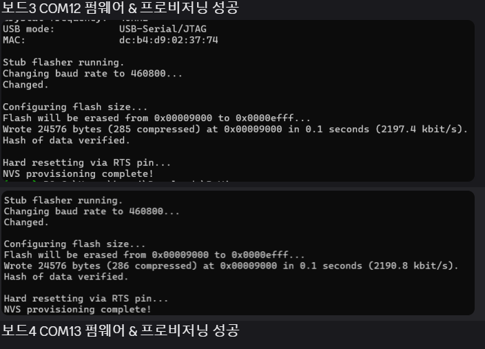 ESP32 보드 3, 4 펌웨어 플래싱 성공